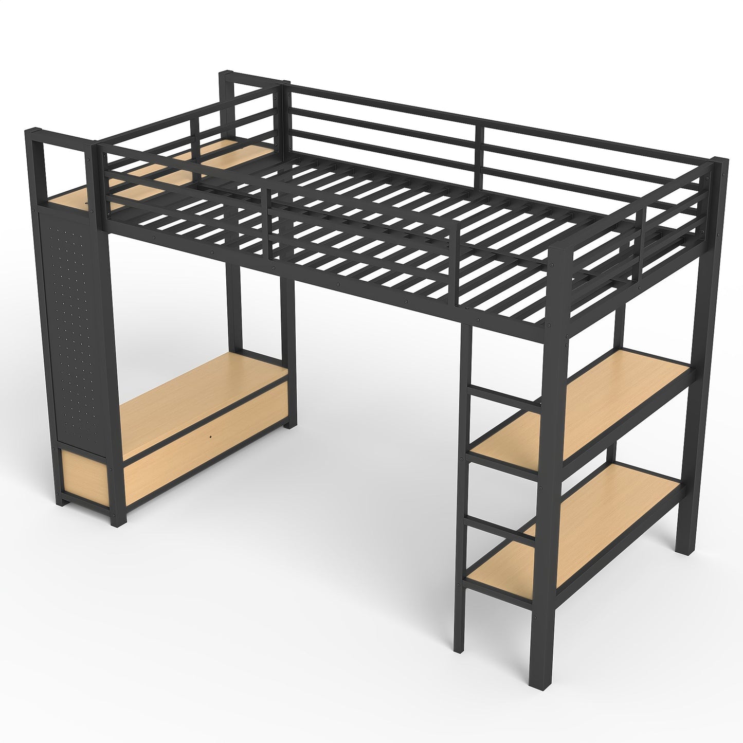 Twin XL Metal Loft Bed With Wardrobe and Shelves