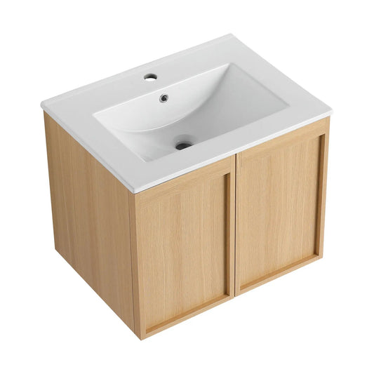 Floating bathroom vanity with white sink and natural wood cabinet by Unique Piece Furniture on Tampa Home & Garden Store