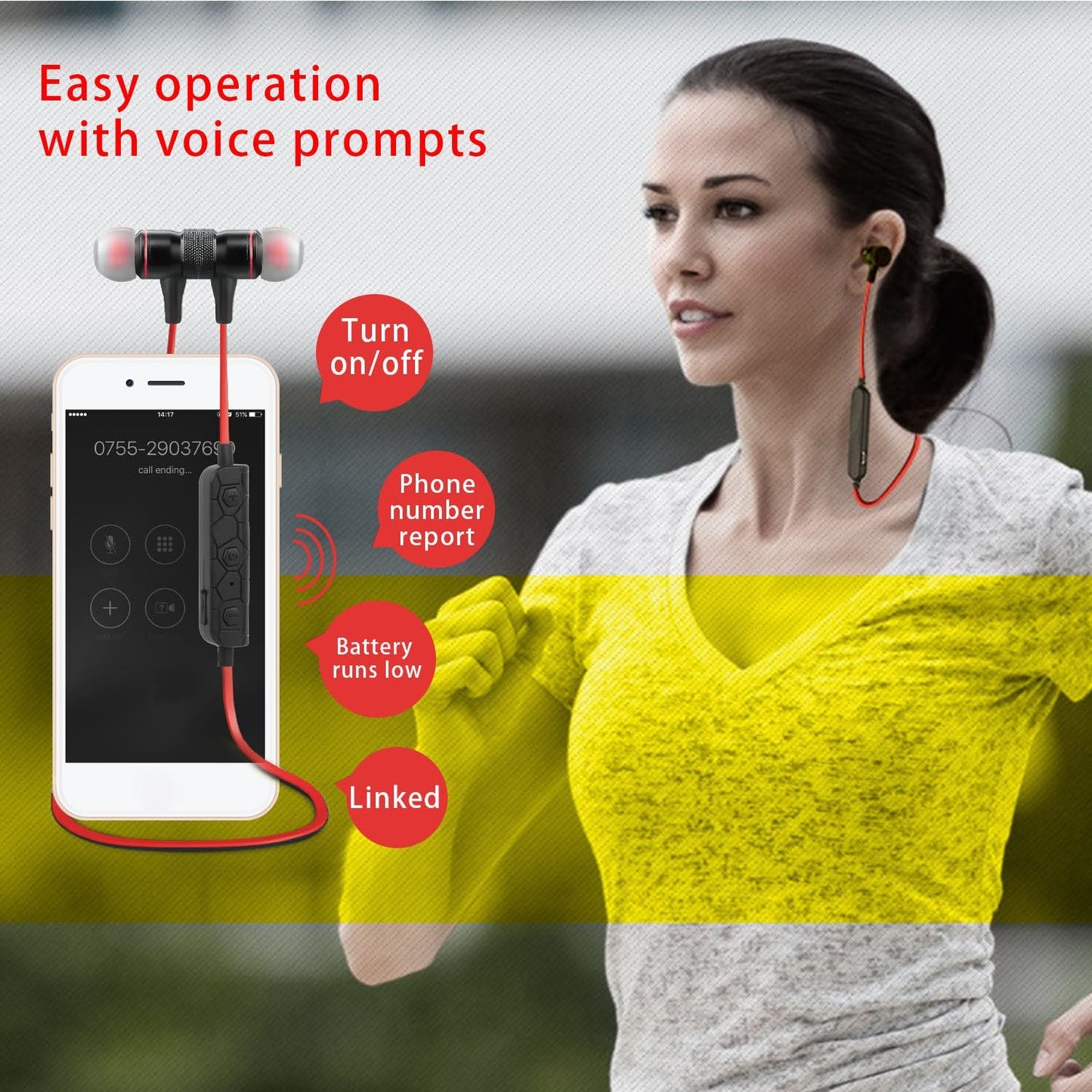 GemGear wireless in-ear neckband sweat-proof sport headphones with red cord and call alert on Tampa Home & Garden Store
