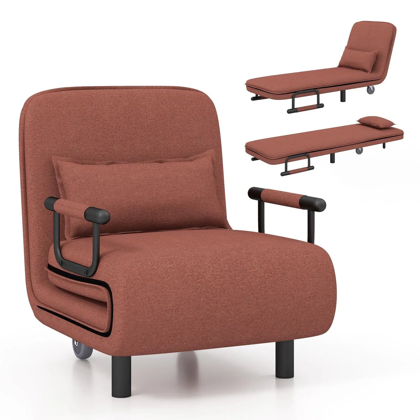 Three-in-One Convertible Sofa Bed with Backrest terracotta upholstery and lumbar pillow on Tampa Home & Garden Store