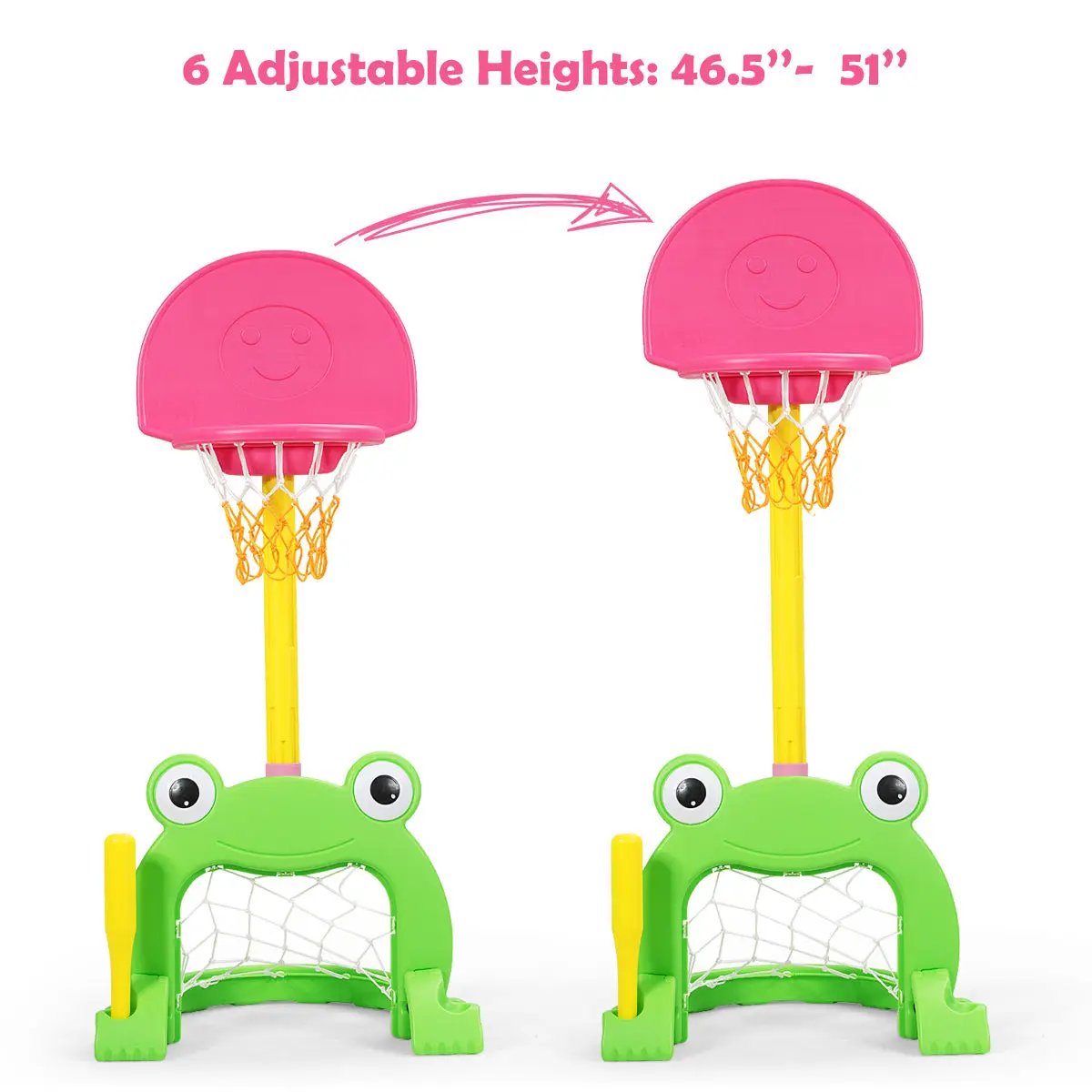 3-in-1 Kids Basketball Hoop Set Stand; 2 frog-base hoops with backboards and yellow poles on Tampa Home & Garden Store