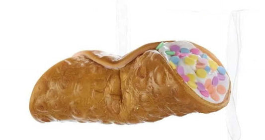 Foam cannoli ornament 4.5in brown pastry shell with white icing and colorful lentil sprinkles on Tampa Home & Garden Store