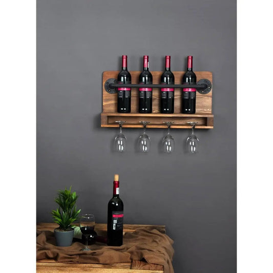 Rustic farmhouse four-bottle wall mounted wine rack in wood with black metal rail and glass hooks on Tampa Home & Garden Store