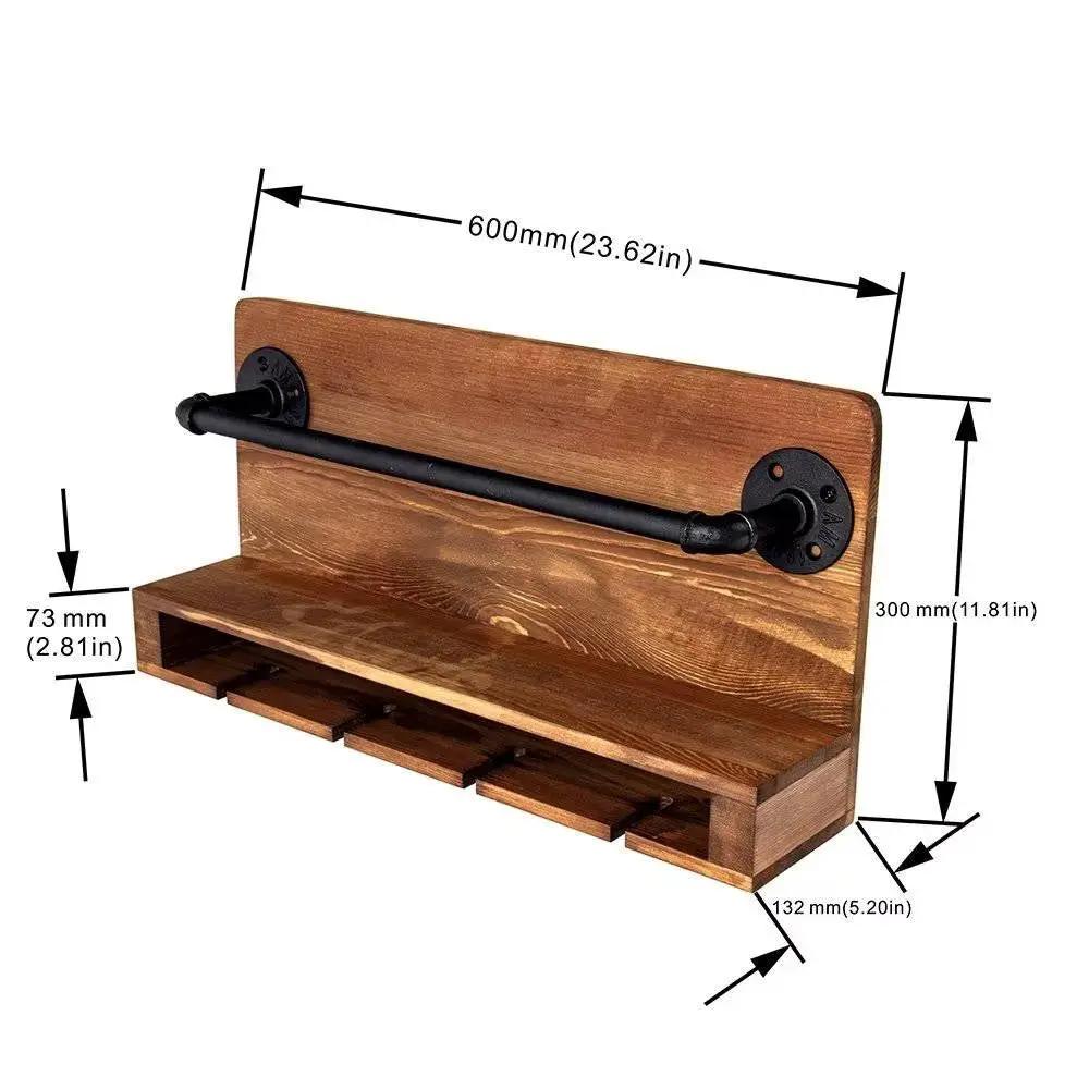 Rustic 4-Bottle Wall Wine Rack with wood backboard and black pipe bar on Tampa Home & Garden Store