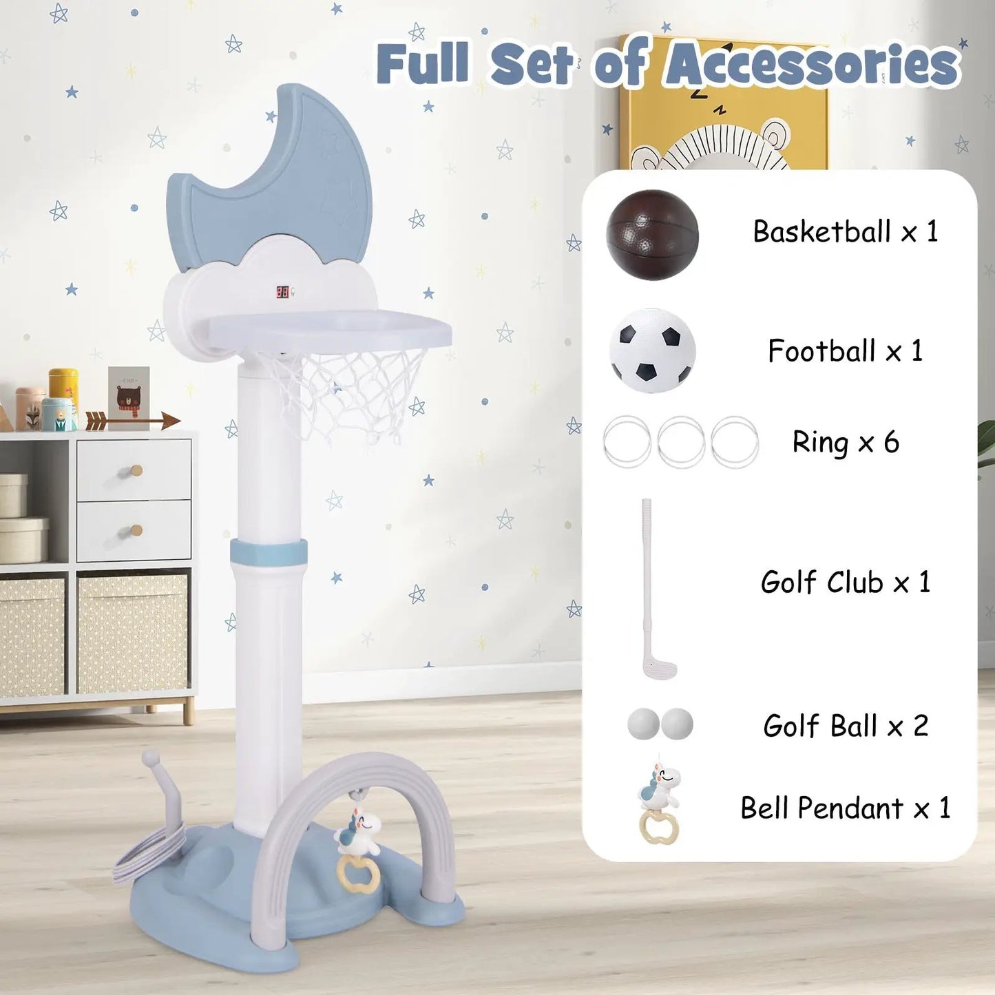 4-In-1 Kids Basketball Hoop with Moon-shaped Electronic Scoreboard and Play Set-Blue - Tampa Home & Garden Store