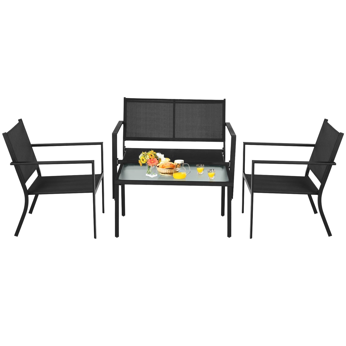 4-piece patio furniture set with black steel-frame sofa and chairs and glass coffee table on Tampa Home & Garden Store