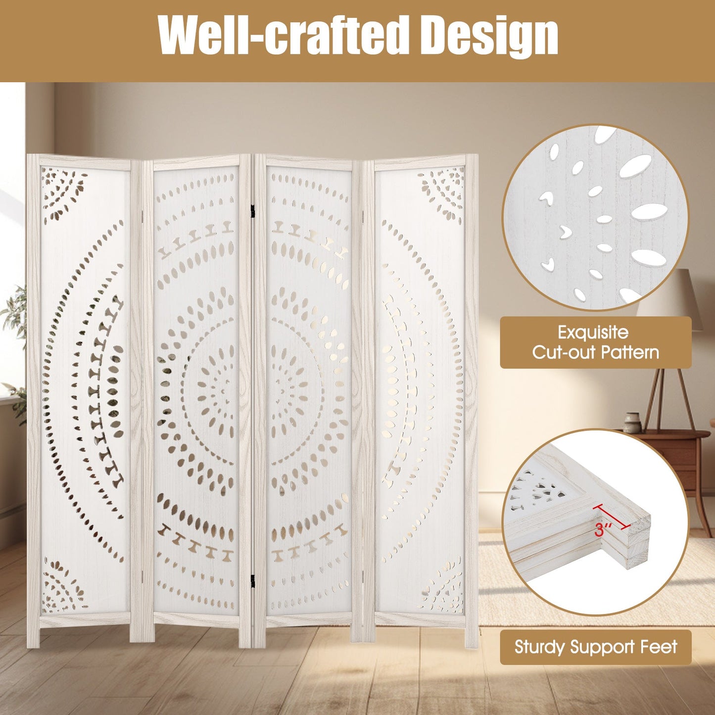 66 Inch Boho 4-Panel Room Divider carved circular pattern light wood frame by DirectDeals on Tampa Home & Garden Store