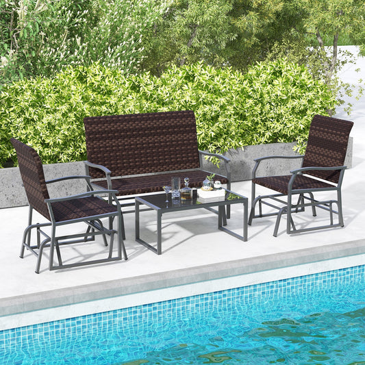 4 Piece Patio Gliding Set Wicker Swing Glider Furniture Set All Weather witrh Tempered Glass Coffee Table-Brown - Tampa Home & Garden Store