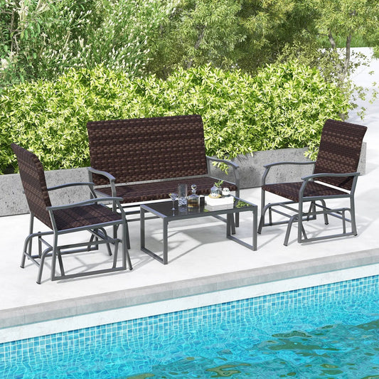 4 Piece Patio Gliding Set Wicker Swing Glider Furniture Set All Weather witrh Tempered Glass Coffee Table-Brown - Tampa Home & Garden Store