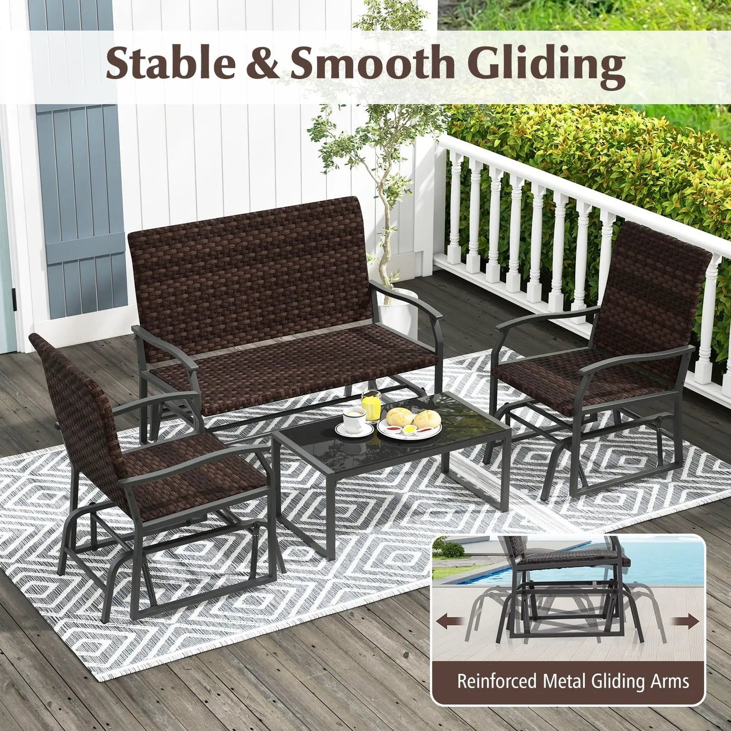 4 Piece Patio Gliding Set Brown Wicker with Glass Coffee Table for outdoor seating on Tampa Home & Garden Store