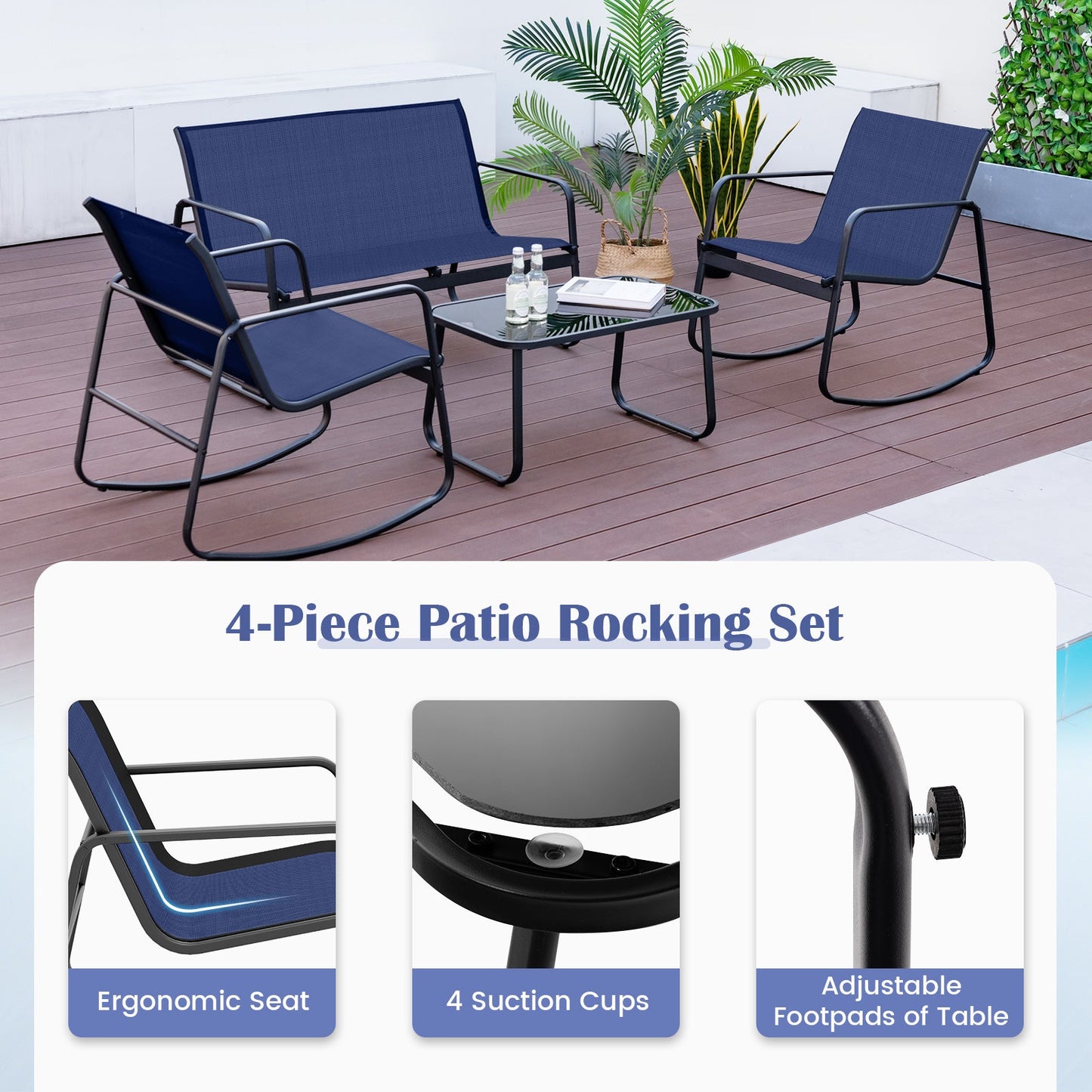 4 Piece Patio Rocking Set with Glass-Top Table-Navy
