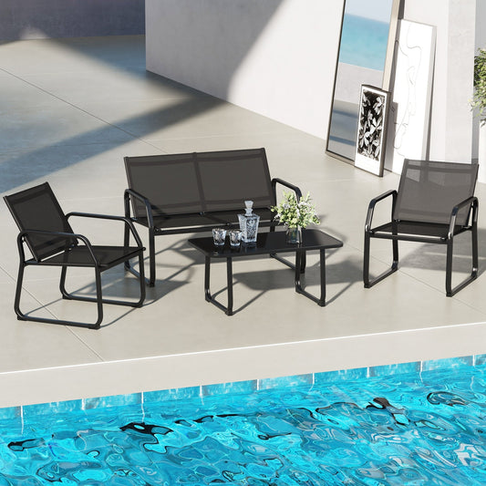 4 Pieces Patio Conversation Set with Breathable Fabric Seat and Tempered Glass Tabletop-Black - Tampa Home & Garden Store