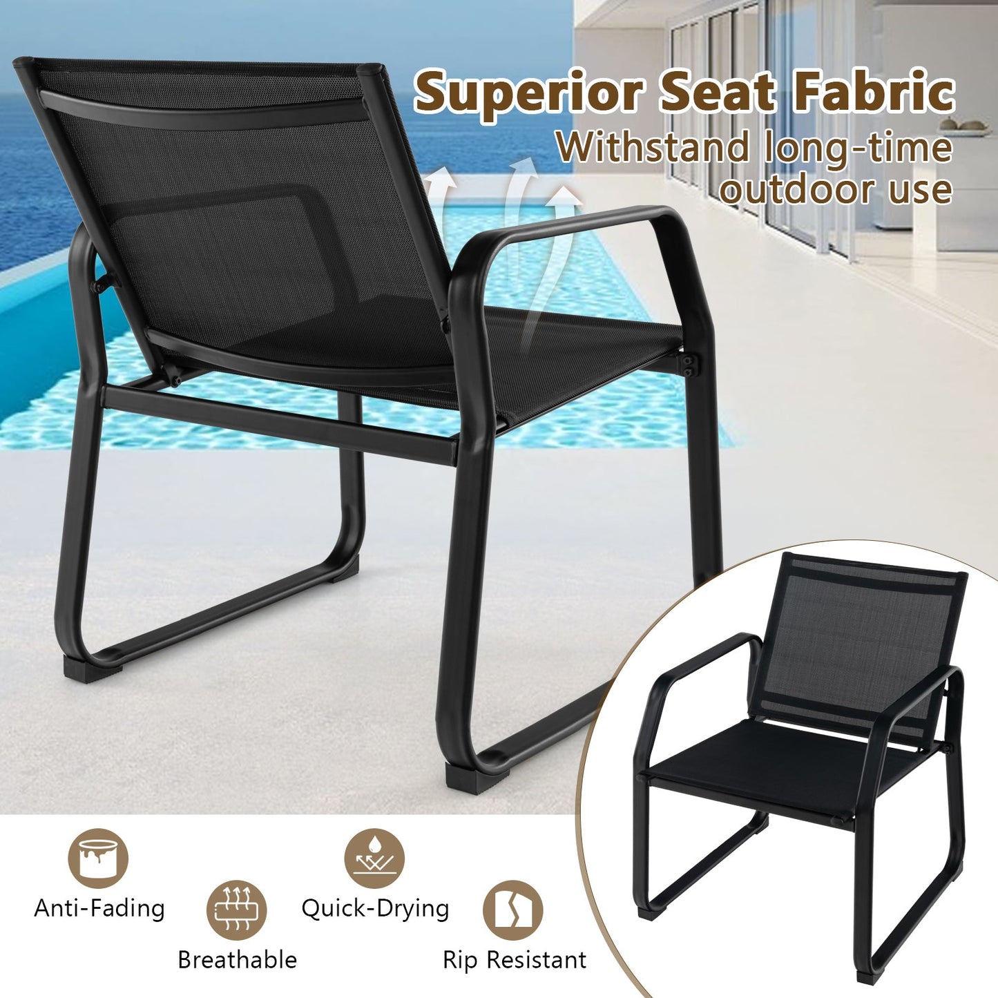 4 Pieces Patio Conversation Set with Breathable Fabric Seat and Tempered Glass Tabletop-Black
