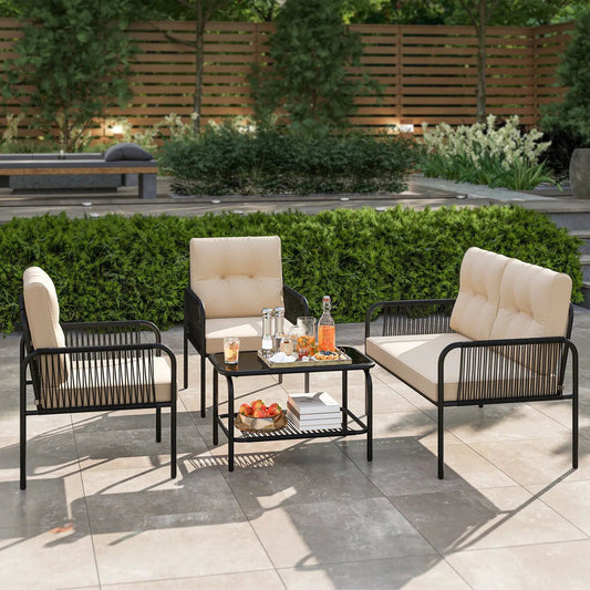 4 Pieces Patio Furniture Set PE Rattan Sofa Chairs with Loveseat-Beige - Tampa Home & Garden Store