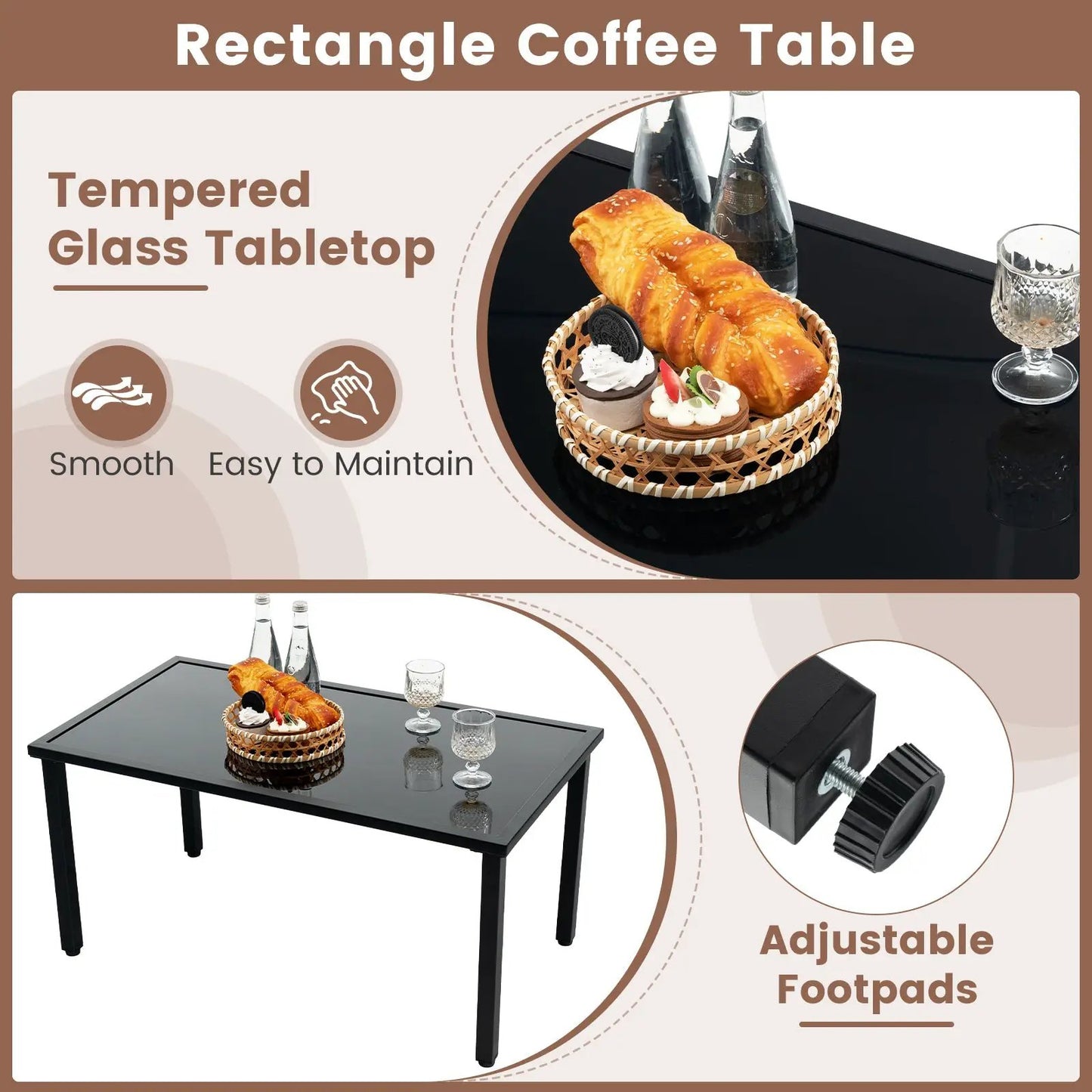 Rectangular coffee table with tempered glass top, black frame and adjustable feet on Tampa Home & Garden Store