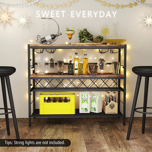 41 Inch 4-Tier Bar Table with Wine Rack and 4 Rows of Glass Holders-Rustic Brown - Tampa Home & Garden Store