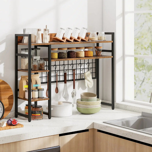 4-Tier Desk Shelf rustic brown wood shelves with black metal frame and grid panel hooks on Tampa Home & Garden Store