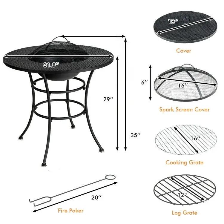 4-in-1 Fire Pit Table with Ice Bucket, round black outdoor fire pit HomePacific cooking grate on Tampa Home & Garden Store