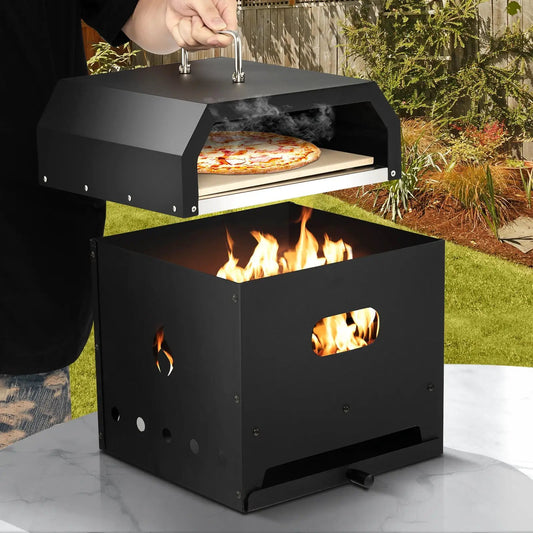 4-in-1 outdoor pizza oven DirectDeals with 12-inch stone, black hood open over pizza on Tampa Home & Garden Store