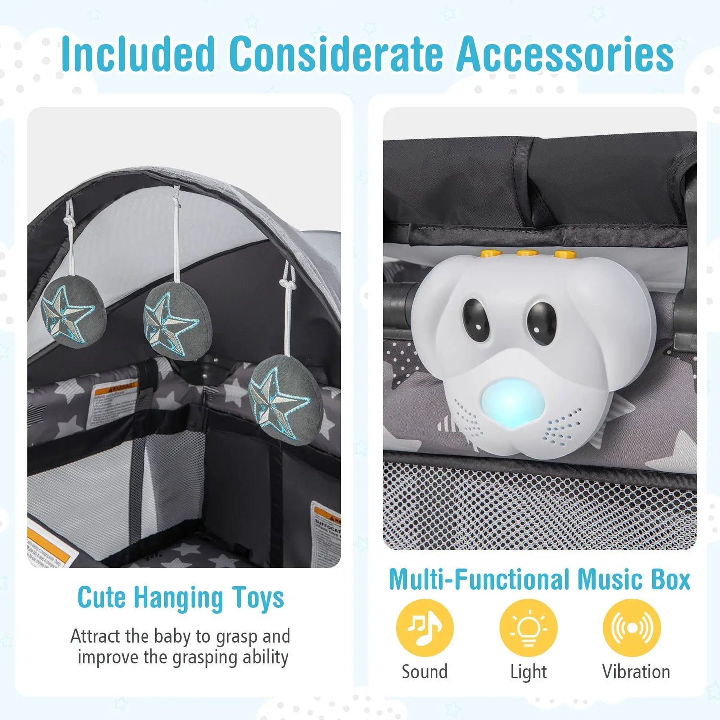 Portable Baby Nursery Center 4-in-1 travel crib DirectDeals with gray fabric and star toys on Tampa Home & Garden Store