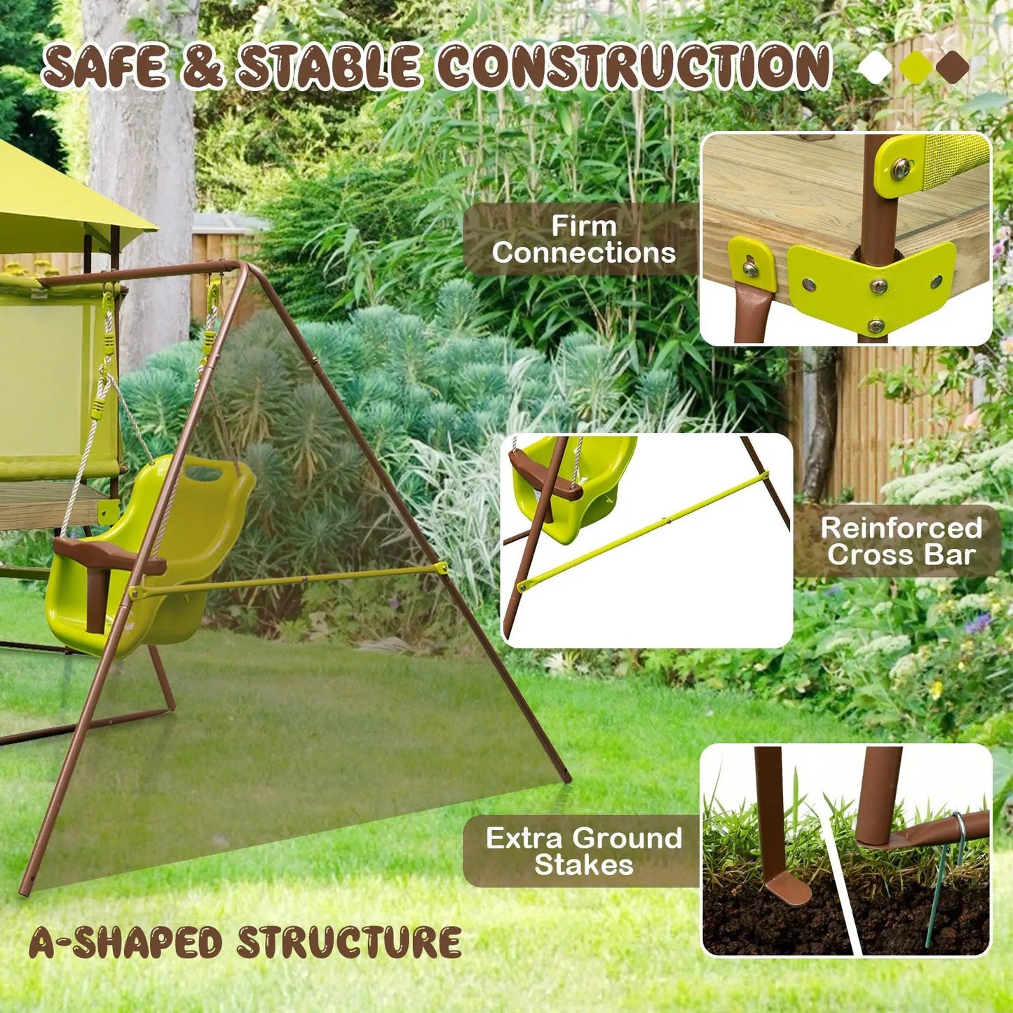 4-In-1 Swing Set With Covered Playhouse Fort lime-green frame height-adjustable baby seat on Tampa Home & Garden Store
