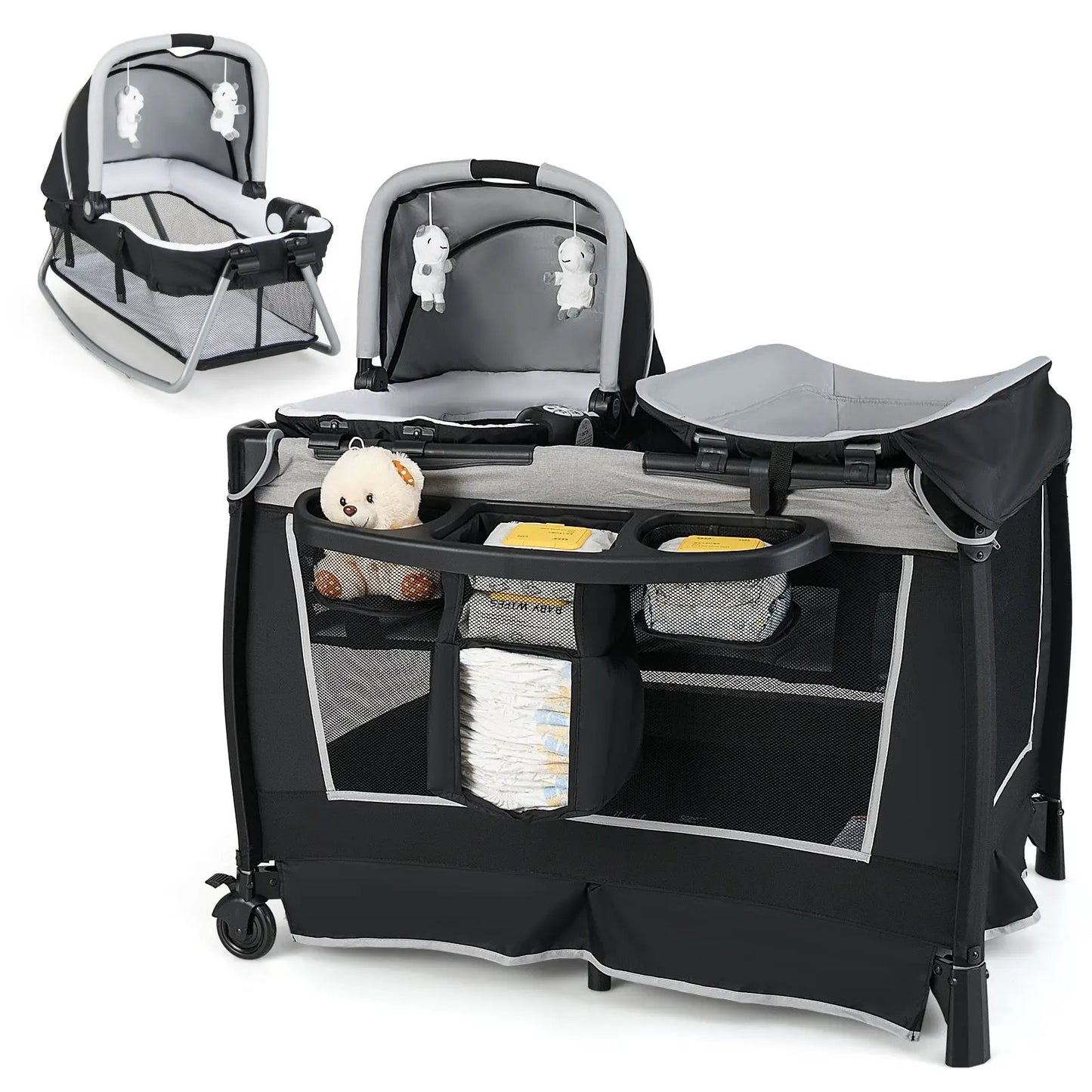 DirectDeals 4-in-1 convertible baby play yard with bassinet, gray and black, with hanging toys on Tampa Home & Garden Store