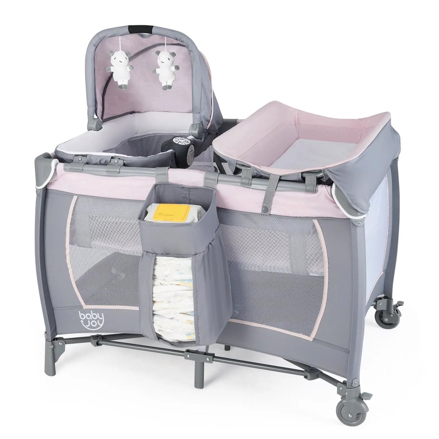 4-in-1 Convertible Portable Baby Playard Napper with pink and gray frame, mesh sides by Baby Joy on Tampa Home & Garden Store