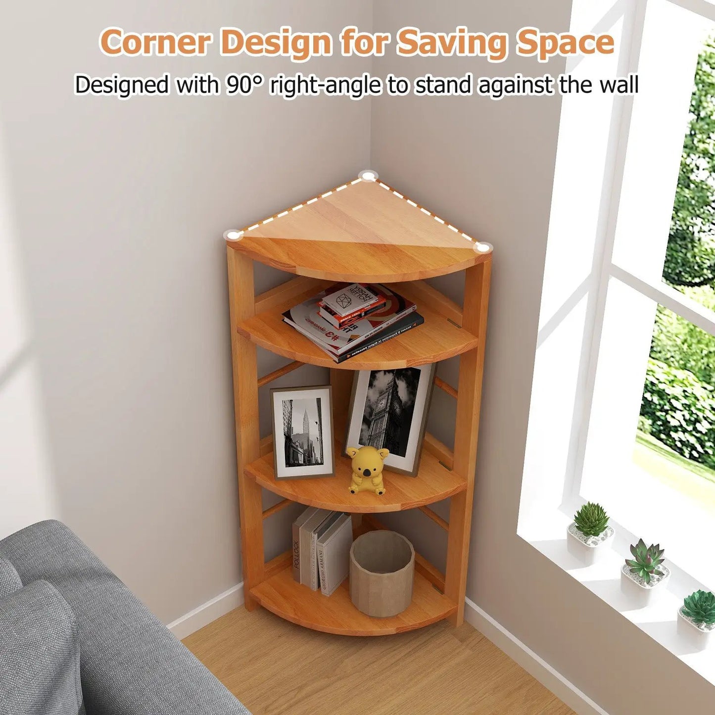 4-Tier Corner Shelf with Rubber Wood Frame and Anti-Toppling Kit - Tampa Home & Garden Store