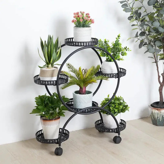 Modern Black and Red Tiered Plant Stand Decorbites black metal with circular shelves and casters on Tampa Home & Garden Store