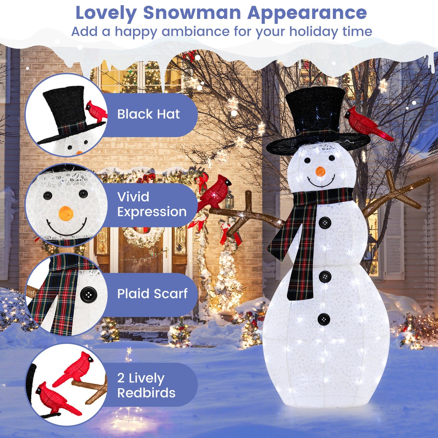 4.2 ft lighted snowman with black hat and plaid scarf, redbirds, DirectDeals holiday decor on Tampa Home & Garden Store