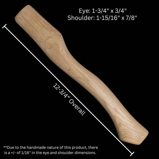 Whiskey River Premium Heritage 12HC axe handle in light wood with measurements overlay on Tampa Home & Garden Store