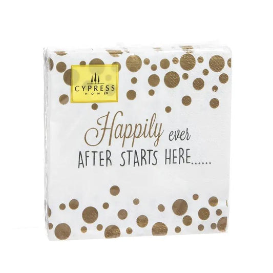 40-count cocktail napkins, white with gold polka dots and Happily Ever After; Cypress Home logo on Tampa Home & Garden Store