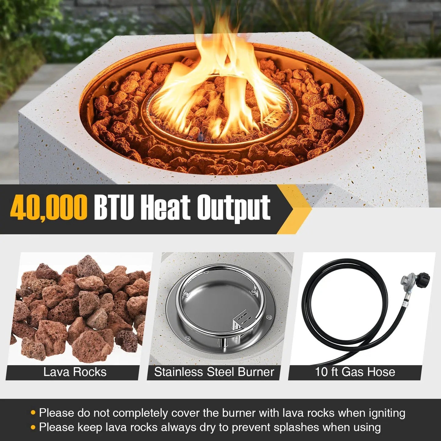 40,000 BTU Terrazzo Propane Fire Pit Table with hexagonal top, lava rocks, and stainless steel burner on Tampa Home & Garden Store
