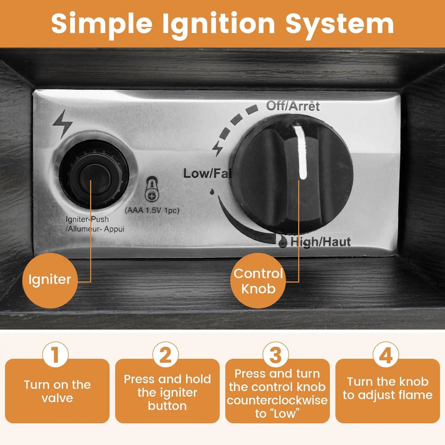 40000 BTU patio heater control panel with ignition button and dial, instruction overlay on Tampa Home & Garden Store