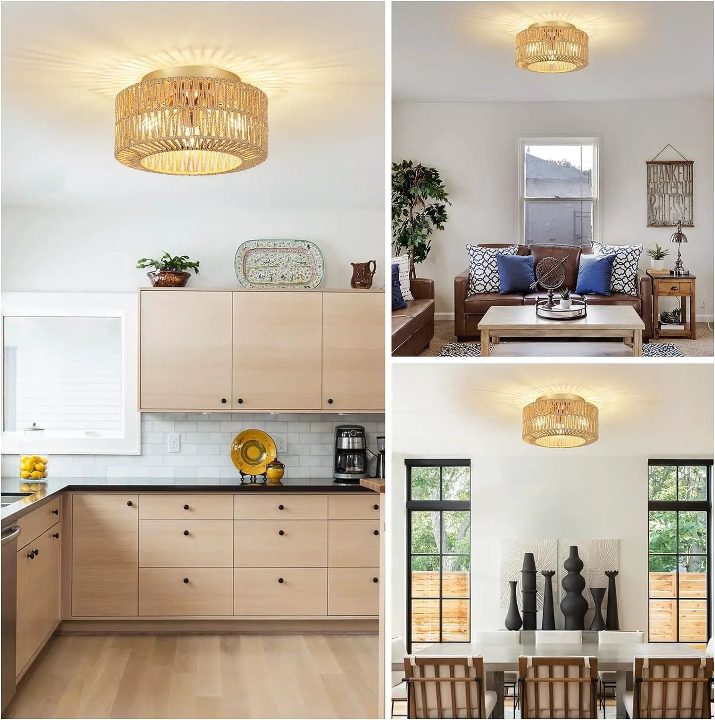 Boho Farmhouse Three Light Rattan Ceiling Light over light wood kitchen cabinets on Tampa Home & Garden Store
Boho Farmhouse Three Light Rattan Ceiling Light over a brown leather sofa in a cozy living room on Tampa Home & Garden Store
Boho Farmhouse Three Light Rattan Ceiling Light over a bright dining area with large windows on Tampa Home & Garden Store