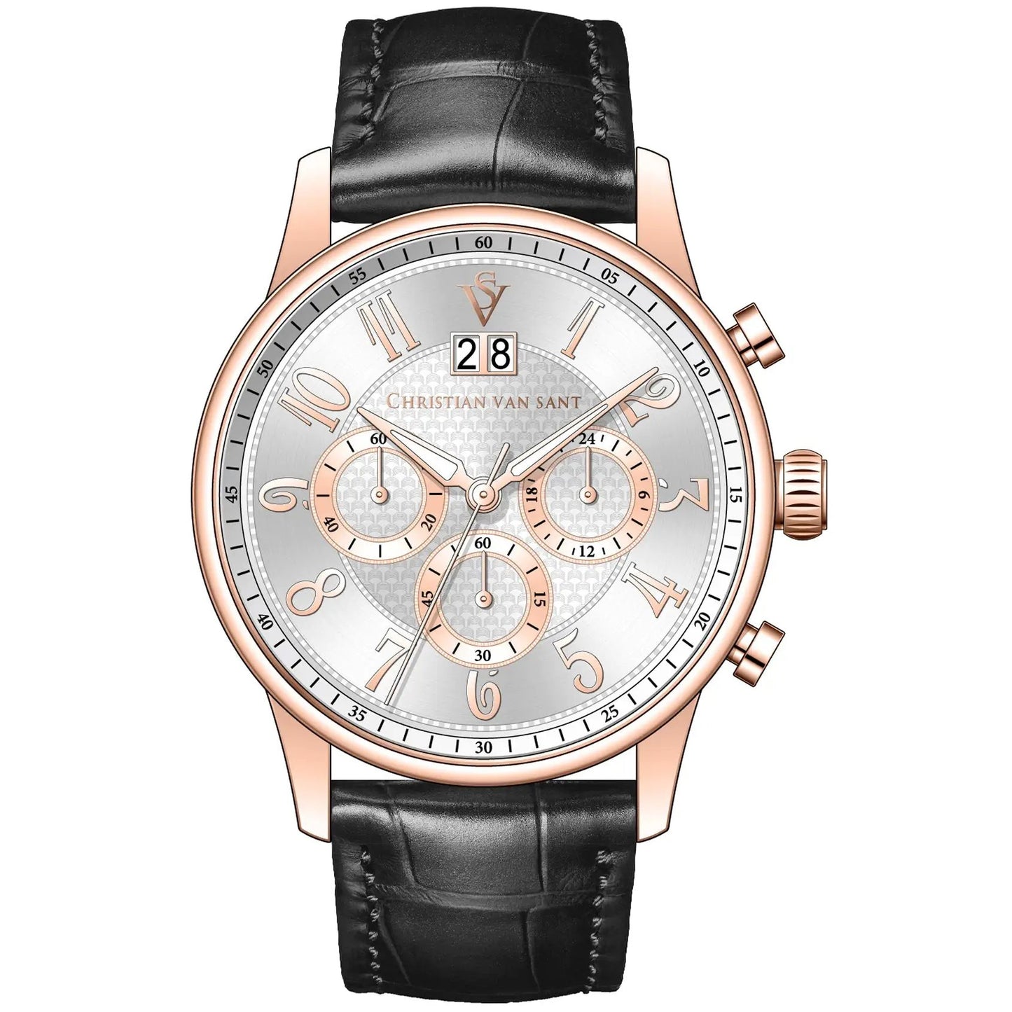 Christian Van Sant Heritage Chronograph Watch rose-gold case, silver dial, black leather strap on Tampa Home & Garden Store