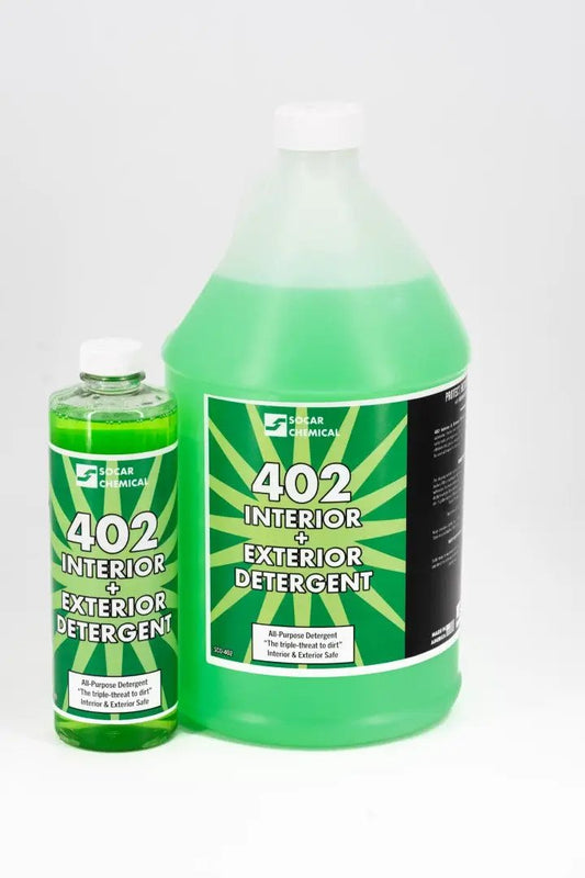 402 Interior + Exterior Detergent by Socar Chemical, bright green liquid, two bottles on Tampa Home & Garden Store