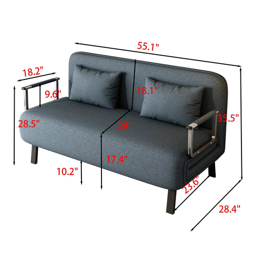 55-inch convertible chair bed tri-fold sofa in blue-gray fabric with metal arm rails on Tampa Home & Garden Store