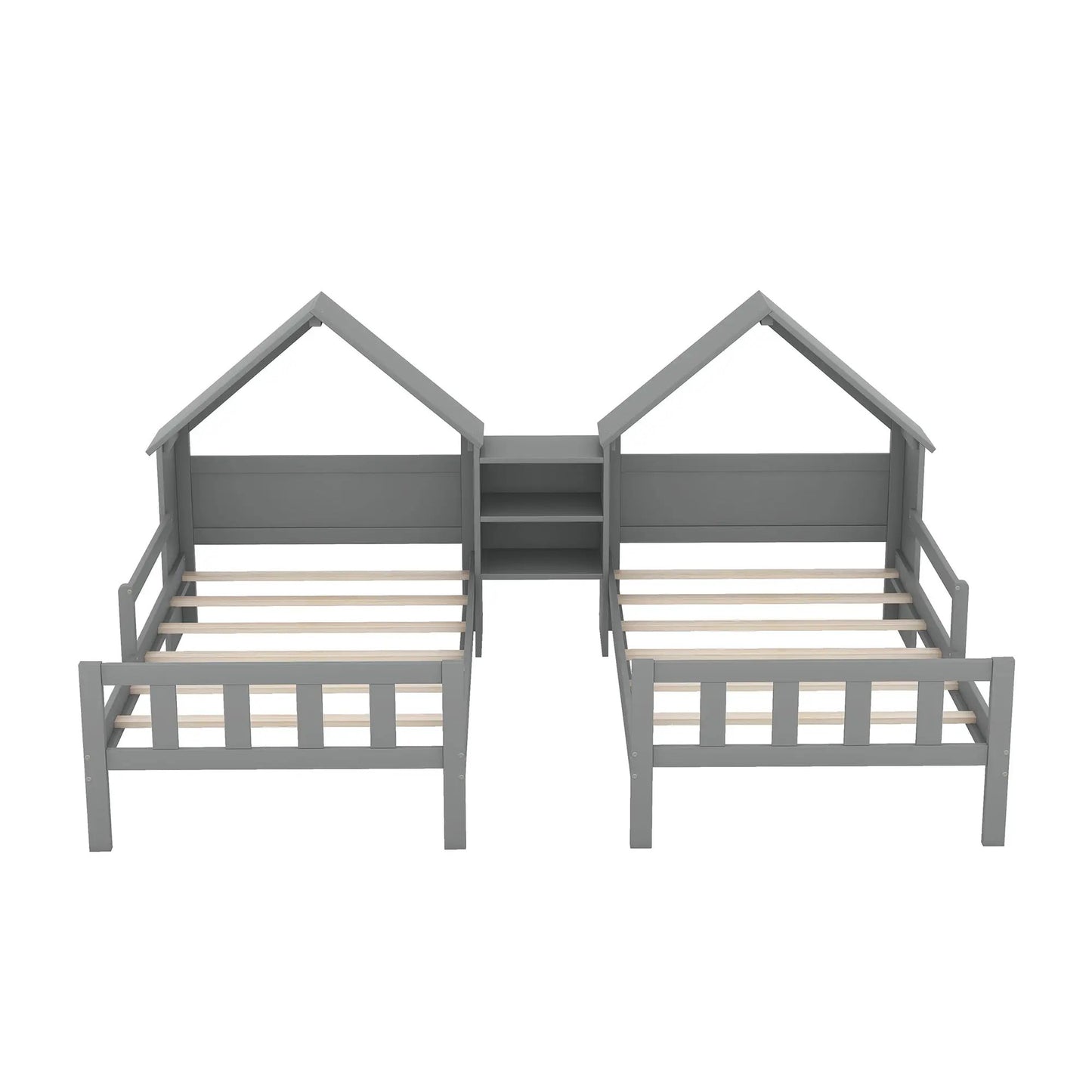 Cama de plataforma doble con cabecero en forma de casa y mesita de noche incorporada Gris