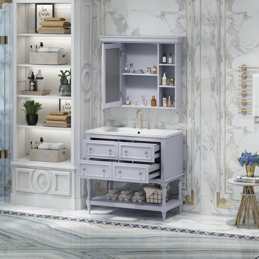 36 Inch vanity with medicine cabinet and drawers, light gray finish, single sink, ample storage on Tampa Home & Garden Store