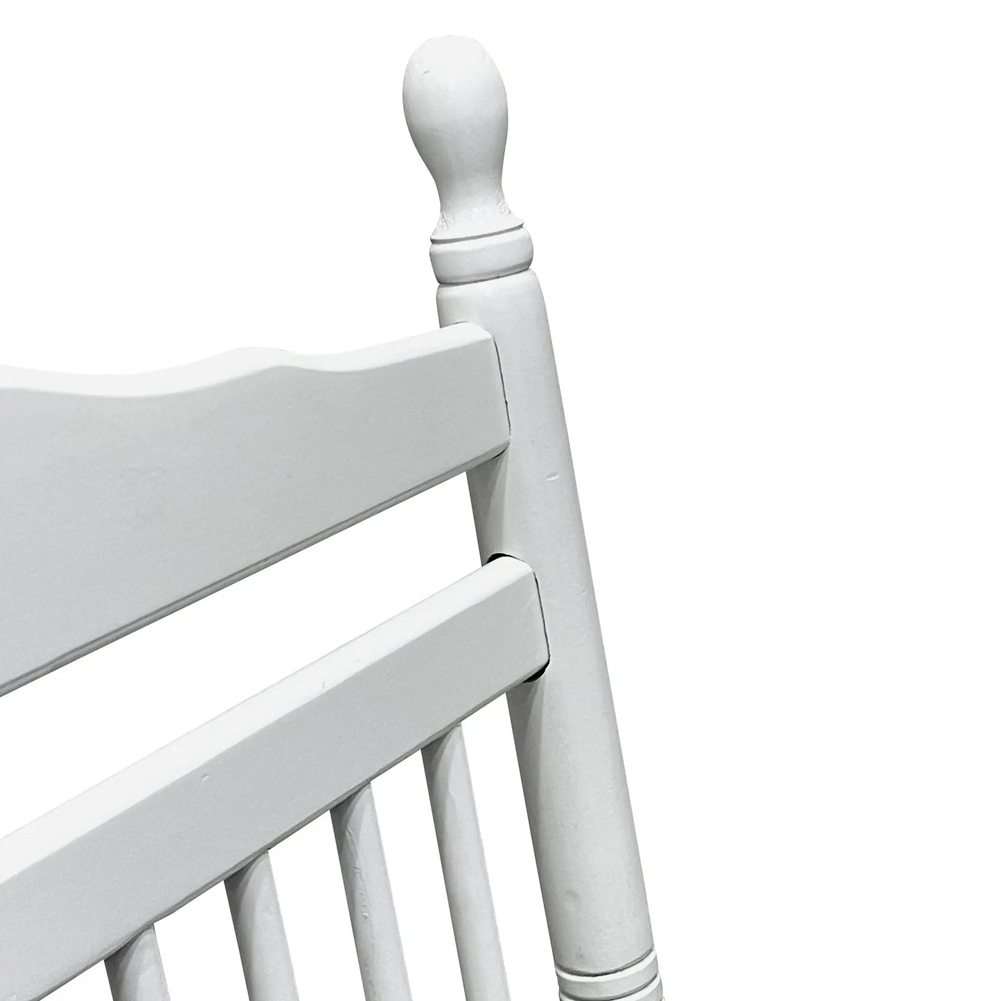 Balcony porch rocking chair, white wood with slatted back and turned spindle posts on Tampa Home & Garden Store