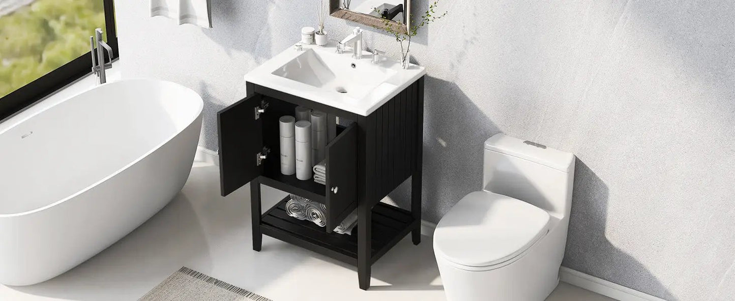 Tocador de baño de 24 pulgadas, negro, moderno y elegante, lavabo de cerámica con marco de madera maciza, estante estilo abierto