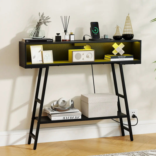 40-Inch Console Table with Charging Station LED, black metal frame, yellow interior shelf on Tampa Home & Garden Store