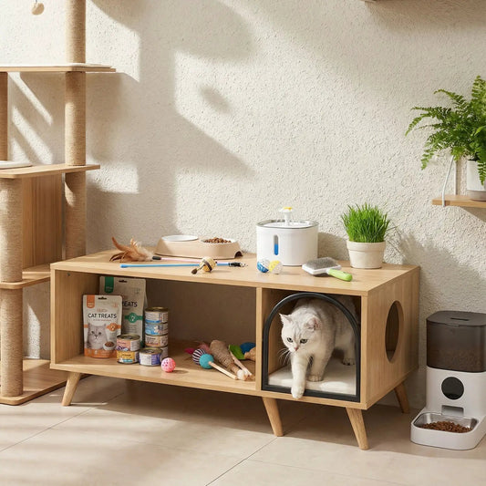 DirectDeals Natural wood 40-inch Cat House Coffee Table 2-in-1 with cat den and storage on Tampa Home & Garden Store
