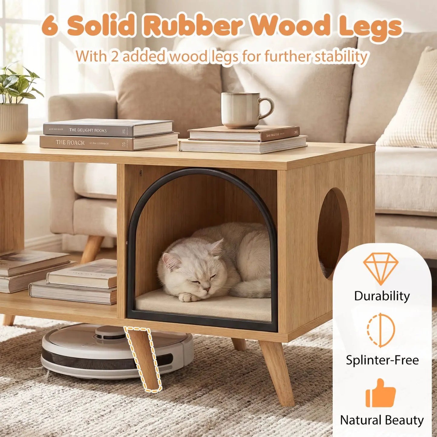 Natural 40-inch cat house coffee table 2-in-1 with open shelf and arched cubby, cat naps inside on Tampa Home & Garden Store