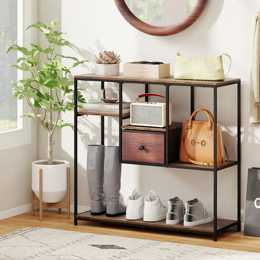 40 Inch console table with wood top and black frame, 3-tier storage with plant, box, speaker, and handbag on Tampa Home & Garden Store