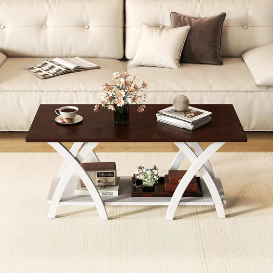 40 Inch Farmhouse Walnut Storage Coffee Table with white X-frame legs; dark top, magazines on Tampa Home & Garden Store