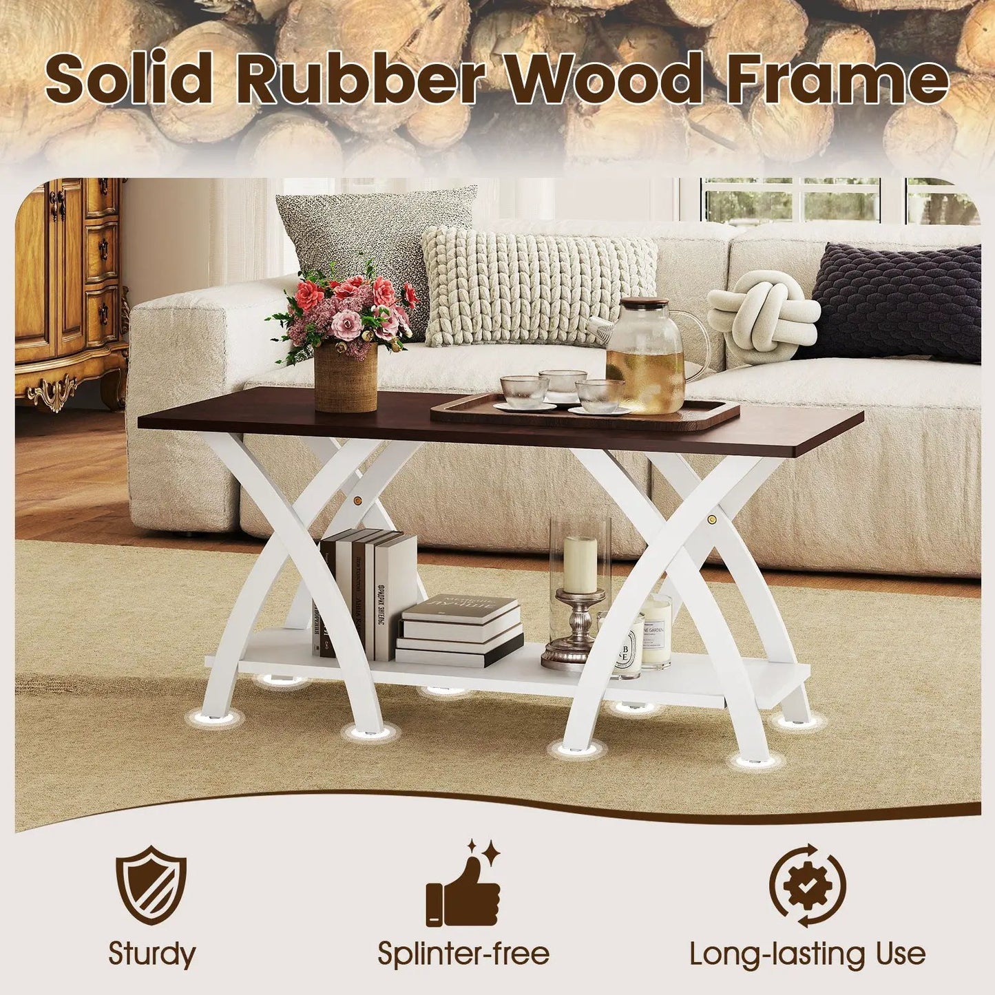 40 Inch Farmhouse Coffee Table Walnut Storage by DirectDeals with white X-frame legs and lower shelf on Tampa Home & Garden Store