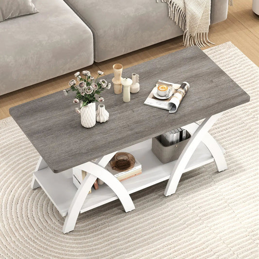 Farmhouse Wooden Coffee Table with Storage Shelf gray wood top white cross-legged base lower shelf on Tampa Home & Garden Store