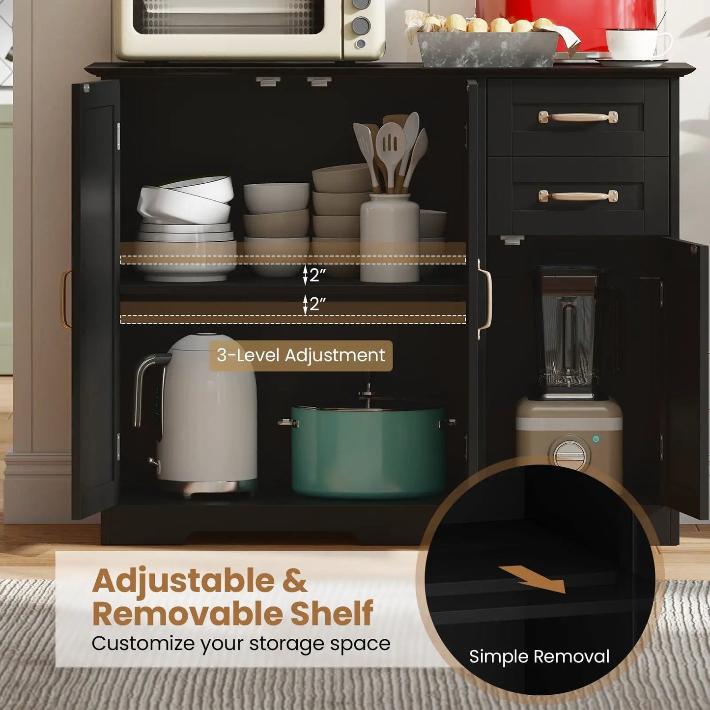 DirectDeals 40-Inch Modern Kitchen Sideboard in black with brass hardware; holds bowls on Tampa Home & Garden Store